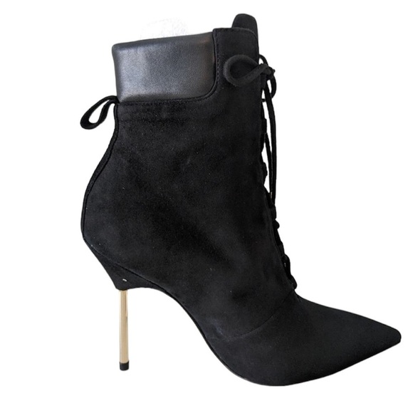 Good American Black Lace Up Pointed Toe Stiletto Ankle Boots Gold Heel Size 7 - Picture 7 of 9